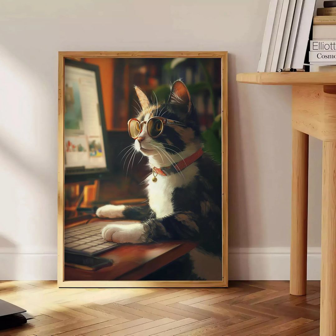 A whimsical cat illustration with green and brown tones, featuring a cosmic background - beside a round wooden side table with books