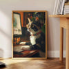 A whimsical cat illustration with green and brown tones, featuring a cosmic background - beside a round wooden side table with books