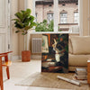 A whimsical cat illustration with green and brown tones, featuring a cosmic background - in a Parisian living room with a sofa and a fig plant
