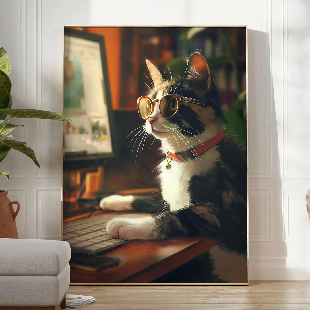 A whimsical cat illustration with green and brown tones, featuring a cosmic background - in a bright minimalist room with a plant and an armchair