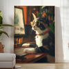 A whimsical cat illustration with green and brown tones, featuring a cosmic background - in a bright minimalist room with a plant and an armchair