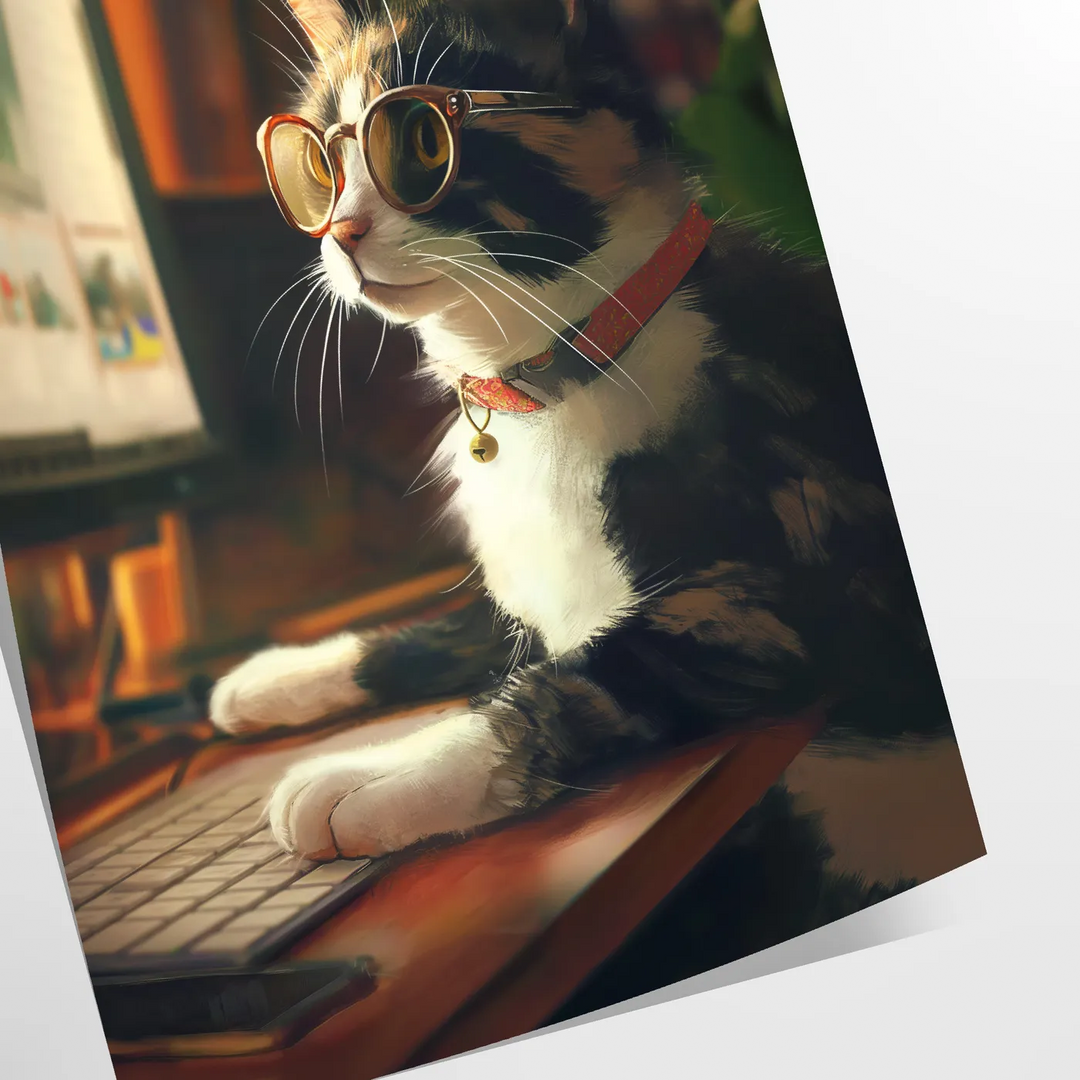 A whimsical cat illustration with green and brown tones, featuring a cosmic background - as a rolled, unframed print