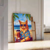 A whimsical illustration of cats enjoying cocktails in a lush green jungle setting - leaning on a herringbone floor against a white panelled wall
