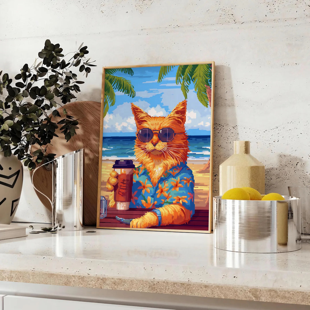 A whimsical illustration of cats enjoying cocktails in a lush green jungle setting - styled on a counter with eucalyptus and a bowl of lemons