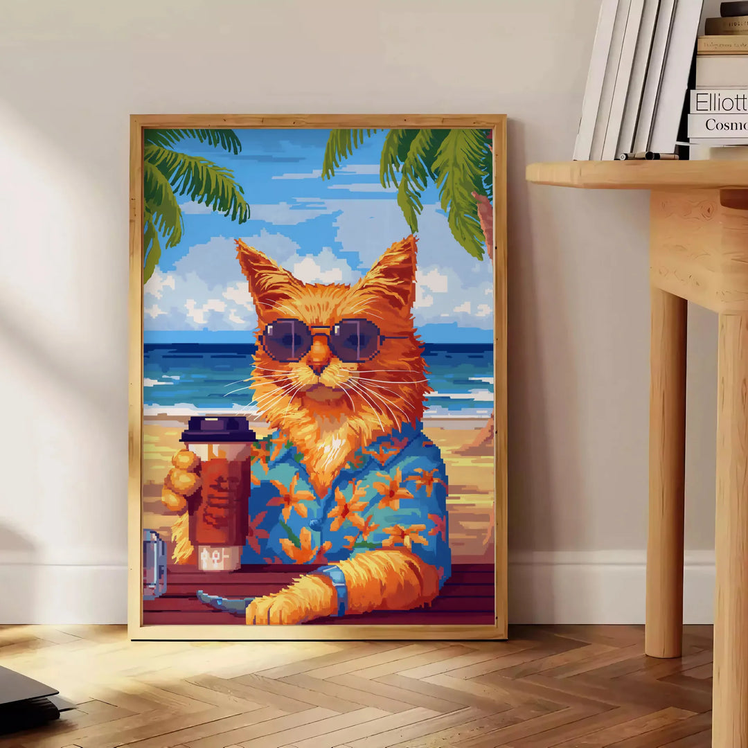 A whimsical illustration of cats enjoying cocktails in a lush green jungle setting - beside a round wooden side table with books