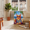 A whimsical illustration of cats enjoying cocktails in a lush green jungle setting - in a Parisian living room with a sofa and a fig plant