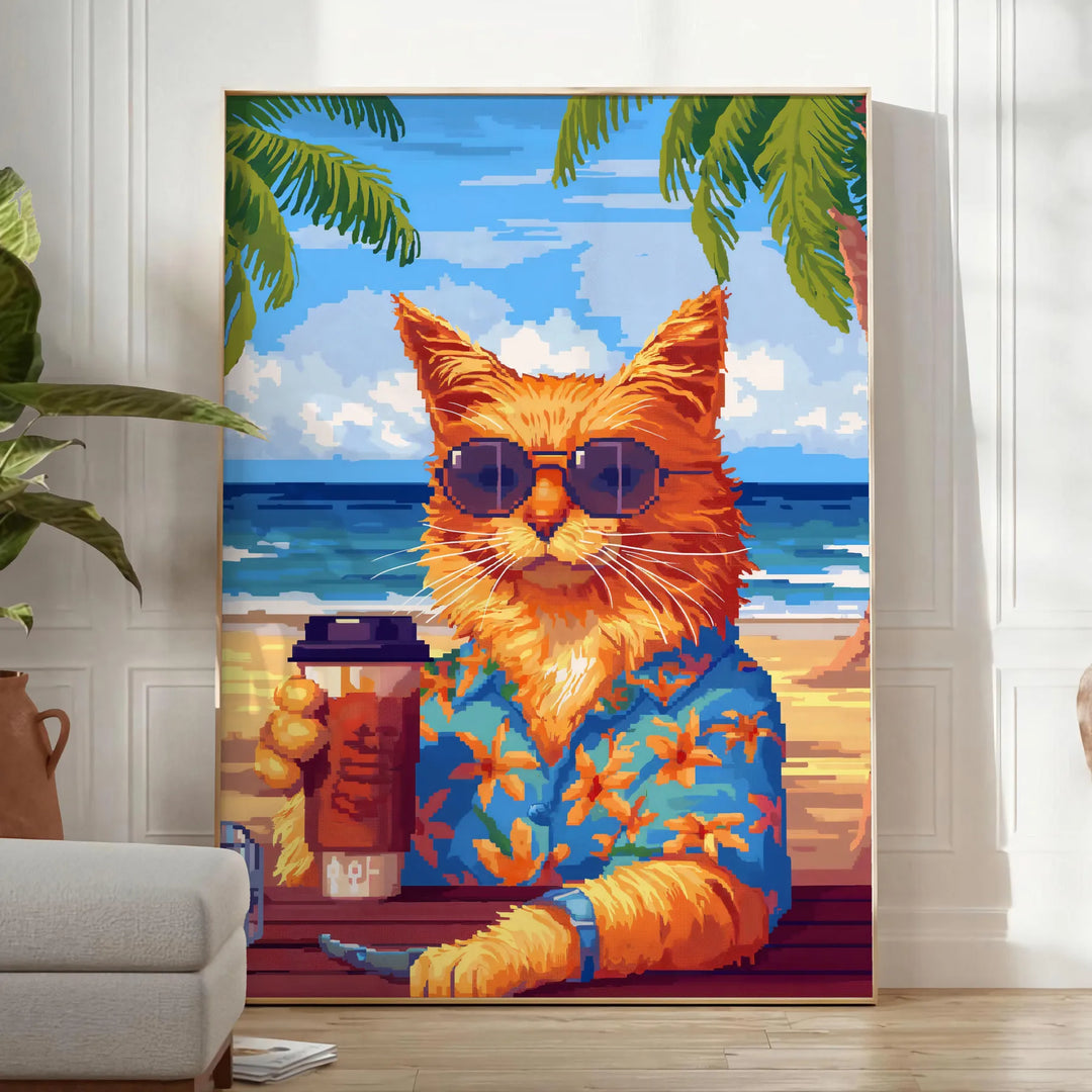 A whimsical illustration of cats enjoying cocktails in a lush green jungle setting - in a bright minimalist room with a plant and an armchair