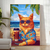 A whimsical illustration of cats enjoying cocktails in a lush green jungle setting - in a bright minimalist room with a plant and an armchair