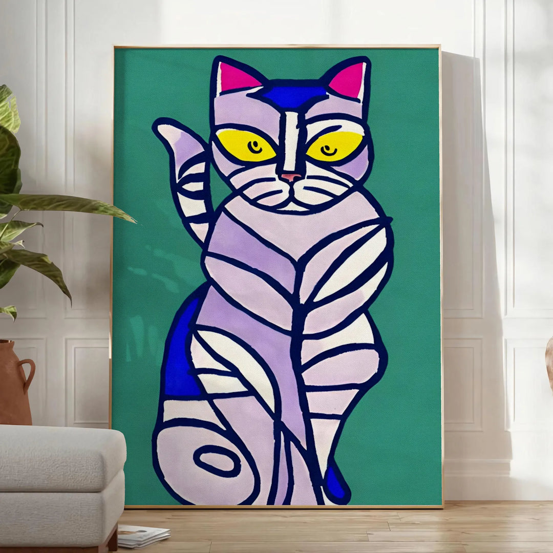 A modern art depiction of a cat in abstract shapes with green and blue tones - in a bright minimalist room with a plant and an armchair