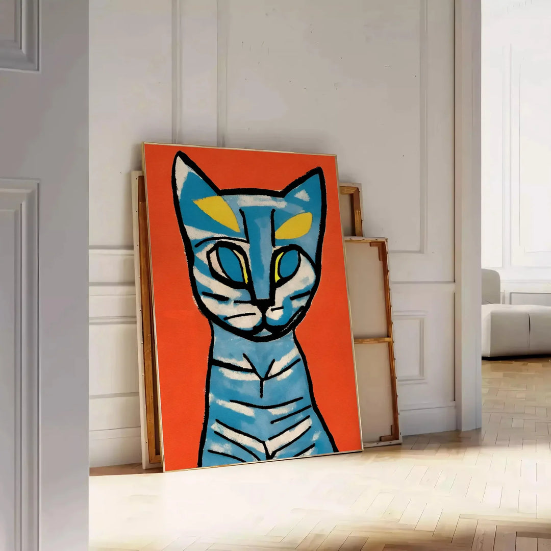 A modern art print featuring a stylized cat in blue and brown tones - leaning on a herringbone floor against a white panelled wall