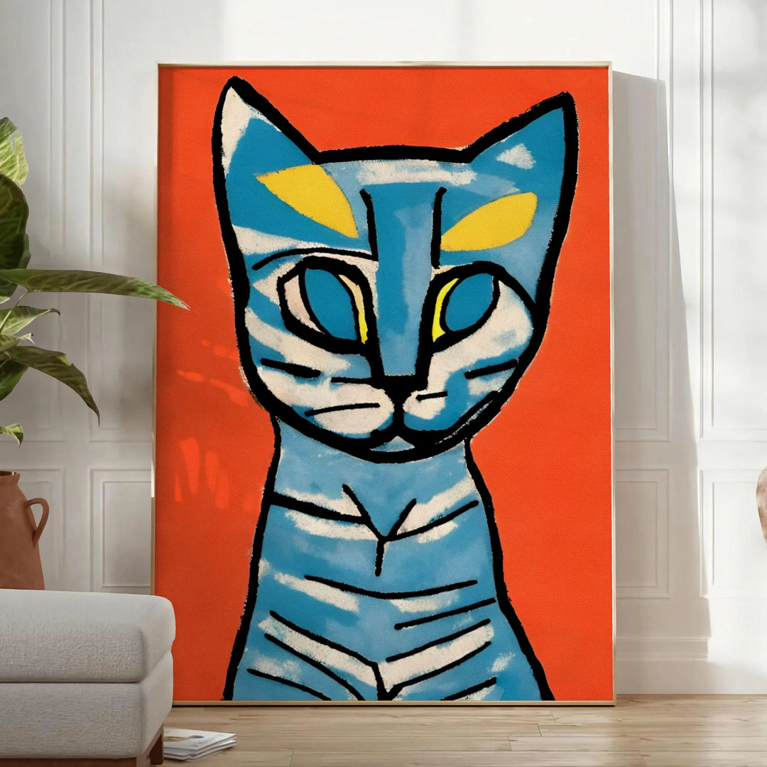 A modern art print featuring a stylized cat in blue and brown tones - in a bright minimalist room with a plant and an armchair