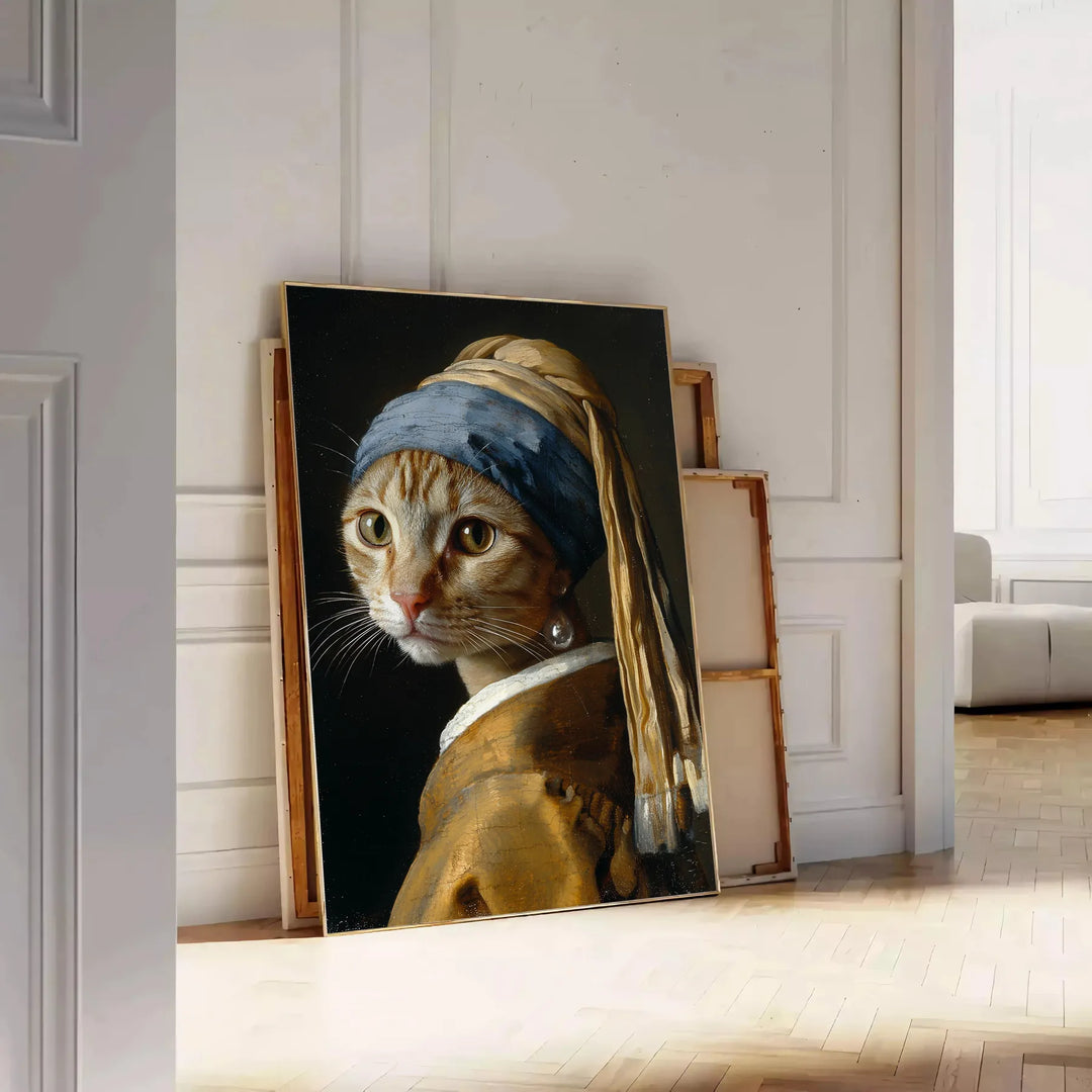 A colorful painting of a cat in a natural setting with green tones - leaning on a herringbone floor against a white panelled wall