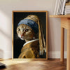A colorful painting of a cat in a natural setting with green tones - beside a round wooden side table with books