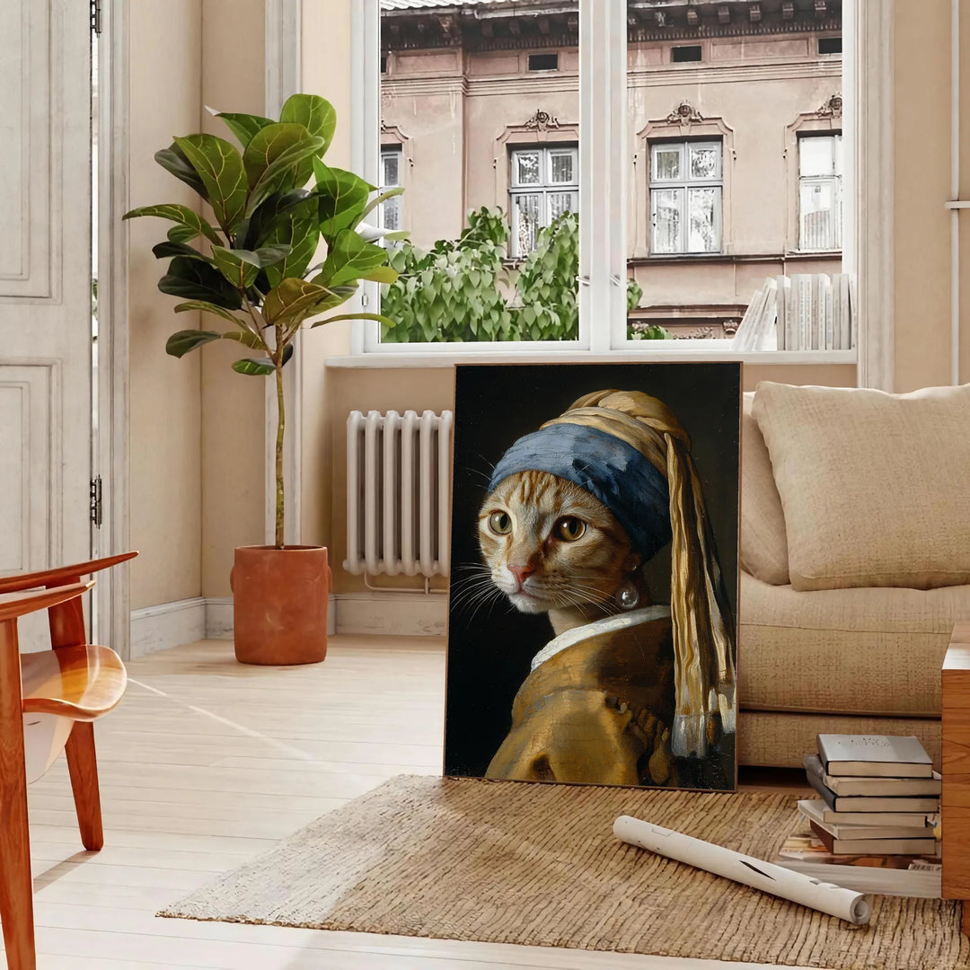 A colorful painting of a cat in a natural setting with green tones - in a Parisian living room with a sofa and a fig plant