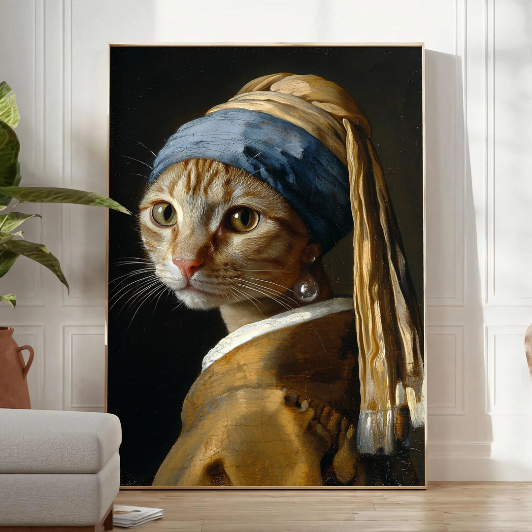 A colorful painting of a cat in a natural setting with green tones - in a bright minimalist room with a plant and an armchair