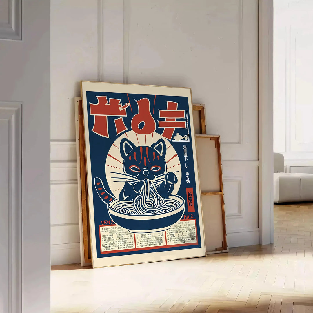 playful cats cooking ramen in a colorful kitchen setting - leaning on a herringbone floor against a white panelled wall