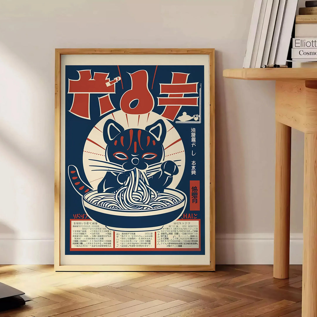 playful cats cooking ramen in a colorful kitchen setting - beside a round wooden side table with books