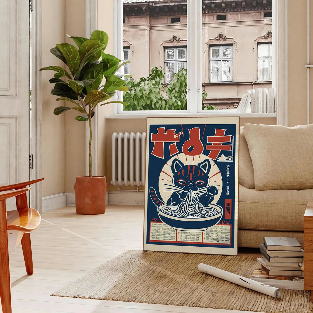 playful cats cooking ramen in a colorful kitchen setting - in a Parisian living room with a sofa and a fig plant