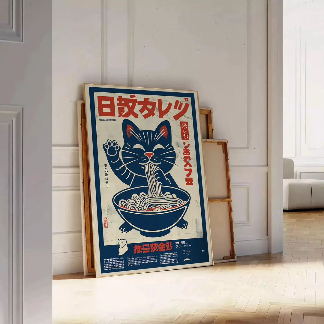 A whimsical cat chef preparing ramen in a cozy kitchen setting - leaning on a herringbone floor against a white panelled wall