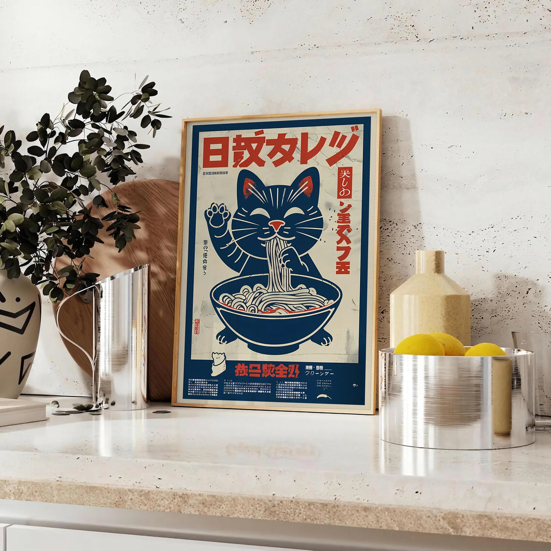 A whimsical cat chef preparing ramen in a cozy kitchen setting - styled on a counter with eucalyptus and a bowl of lemons