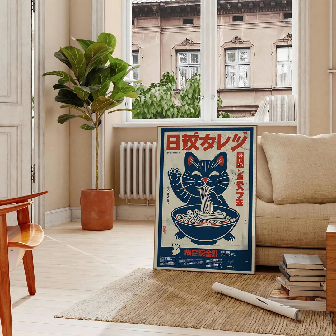 A whimsical cat chef preparing ramen in a cozy kitchen setting - in a Parisian living room with a sofa and a fig plant