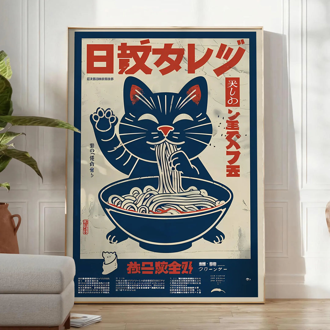 A whimsical cat chef preparing ramen in a cozy kitchen setting - in a bright minimalist room with a plant and an armchair