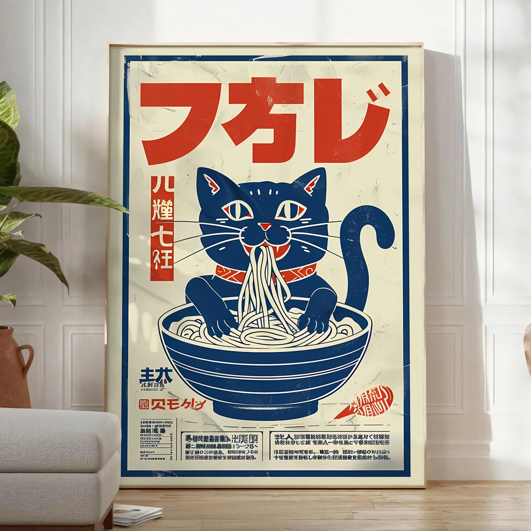 Illustrazione di gatti che cucinano ramen in una cucina, con toni blu e grigi - in una stanza luminosa e minimalista con pianta e poltrona