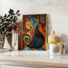 A brown and green illustration of a cat in a natural setting - styled on a counter with eucalyptus and a bowl of lemons