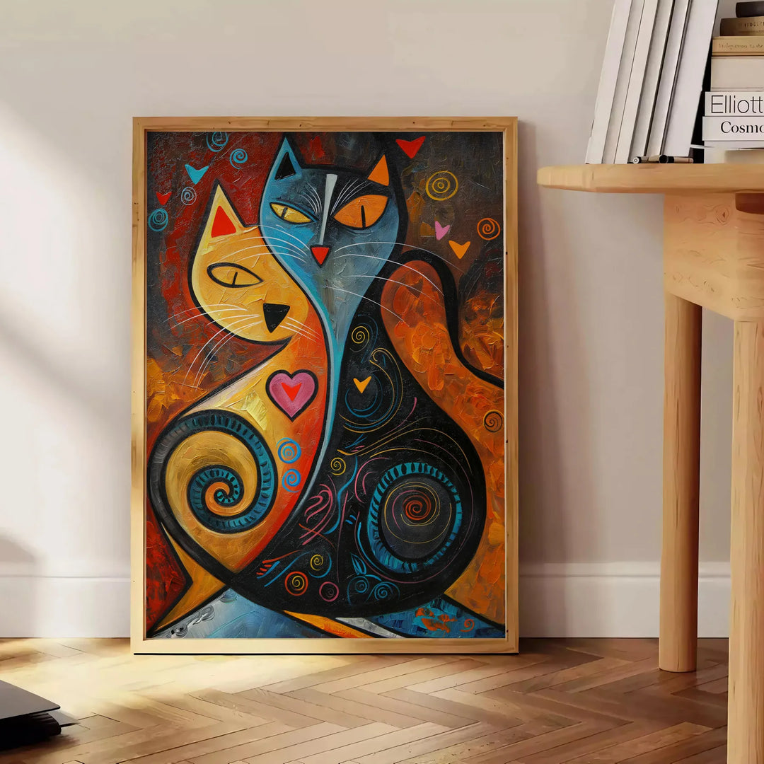 A brown and green illustration of a cat in a natural setting - beside a round wooden side table with books