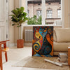 A brown and green illustration of a cat in a natural setting - in a Parisian living room with a sofa and a fig plant