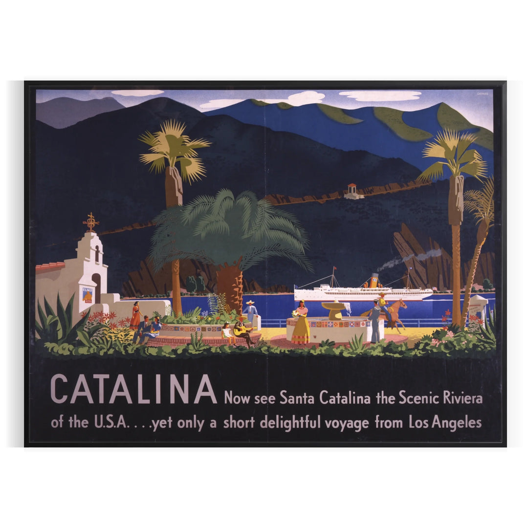 Illustration of Catalina Island with green hills and a blue sky