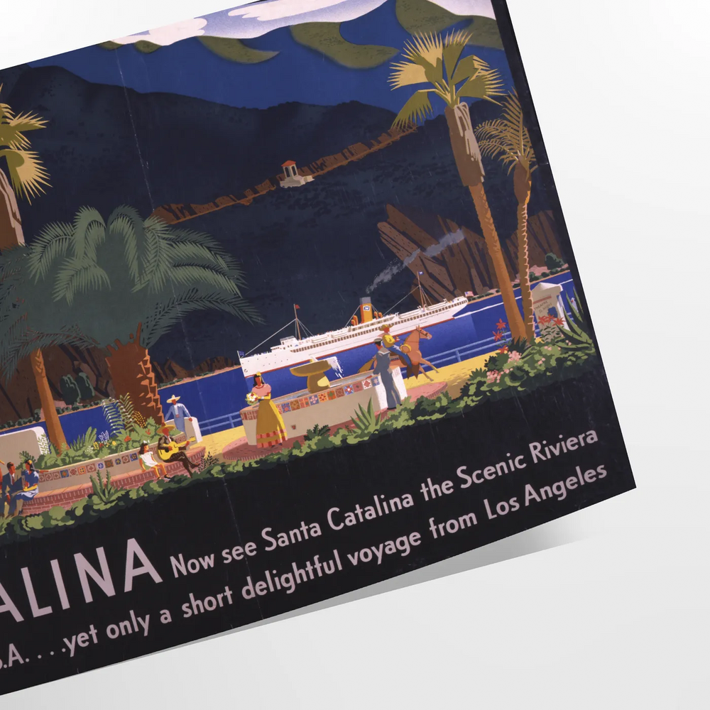 Illustration of Catalina Island with green hills and a blue sky