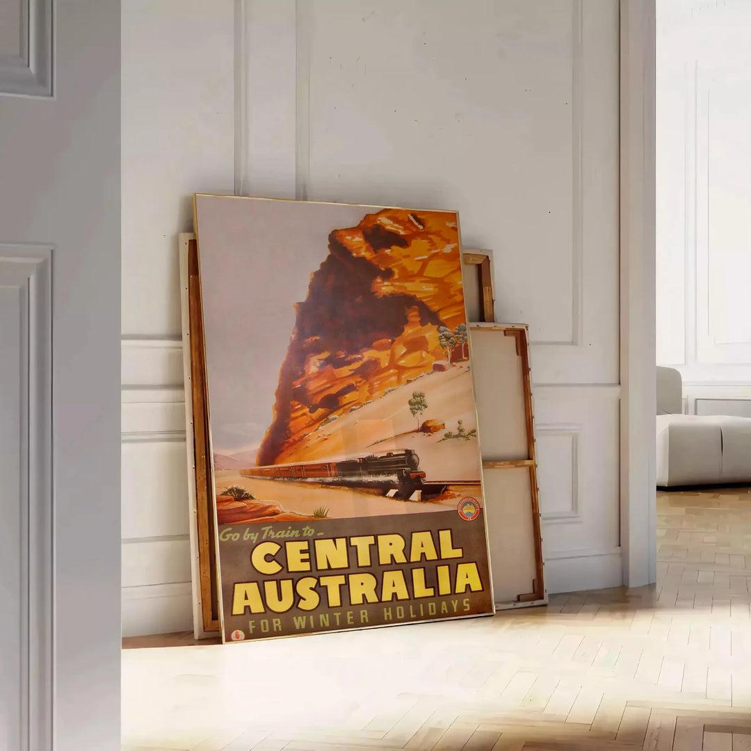 Illustration of Central Australia with warm oranges and earthy tones - leaning on a herringbone floor against a white panelled wall