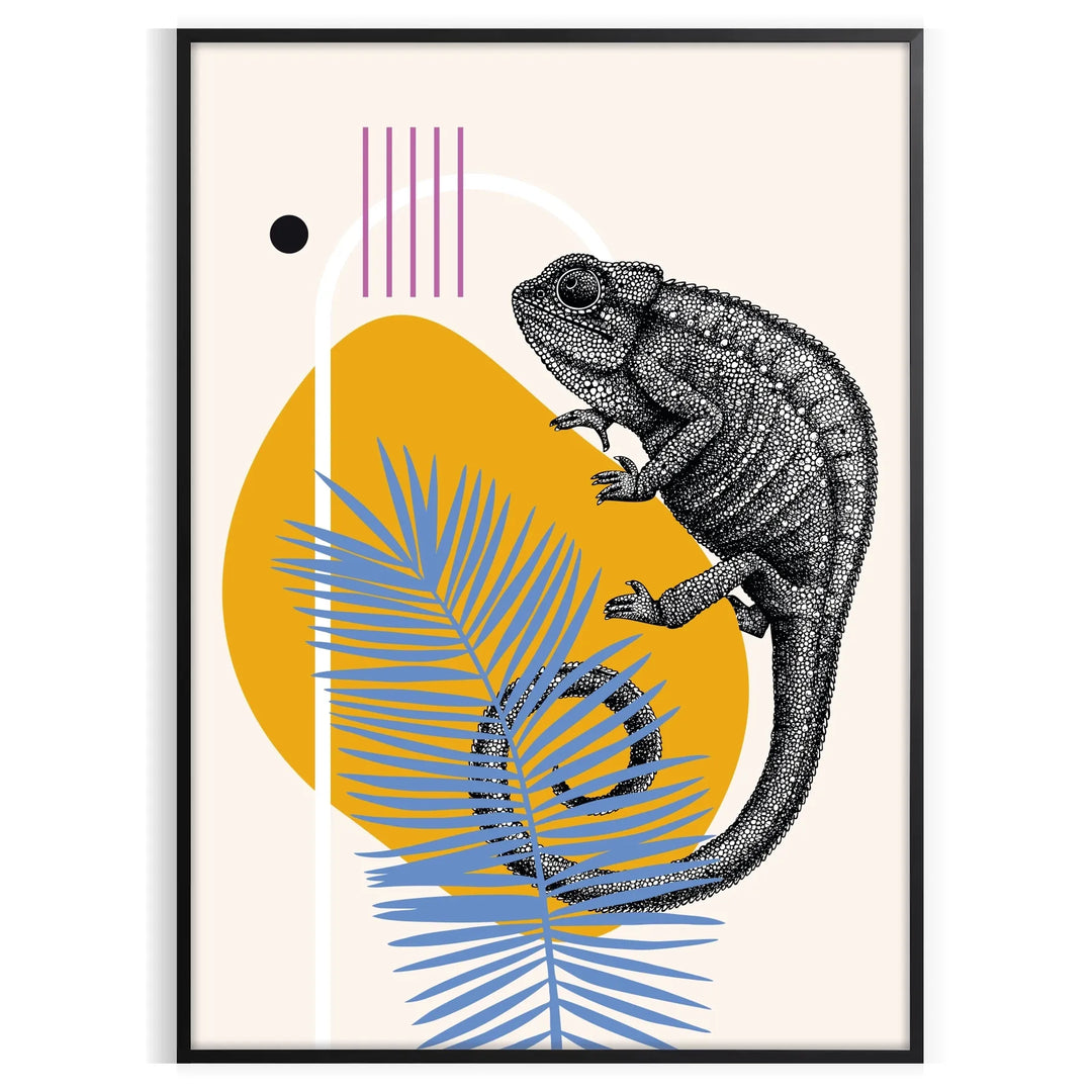 A chameleon blending into a gray background with orange accents, showcasing adaptability.