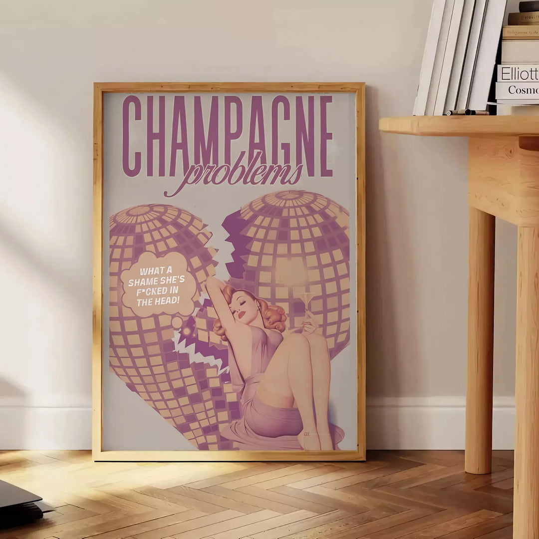 Design astratto con toni terra e sfumature verdi, testo 'Champagne Problems' - accanto a un tavolino rotondo in legno con libri