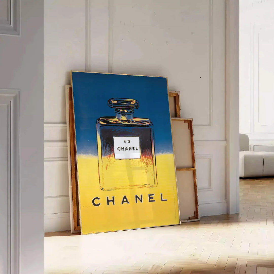 Chanel Pub Poster featuring a stylish design in gray and blue tones - leaning on a herringbone floor against a white panelled wall
