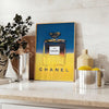 Chanel Pub Poster featuring a stylish design in gray and blue tones - styled on a counter with eucalyptus and a bowl of lemons