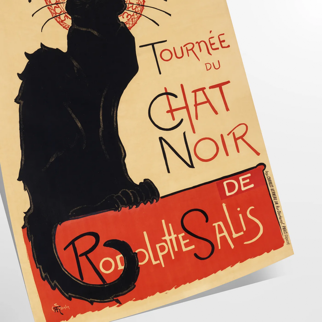 A vintage poster featuring a black cat with a yellow background, text reading 'Chat Noir'. - as a rolled, unframed print