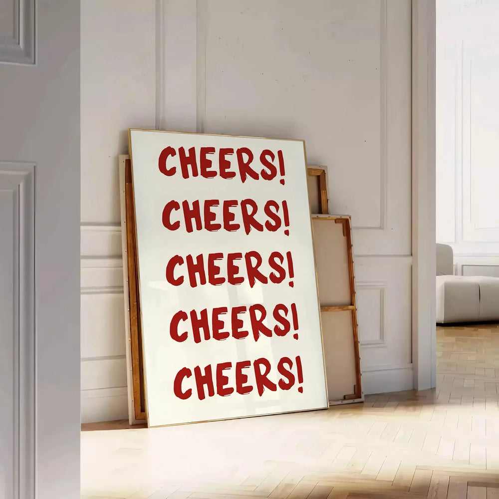 Minimalist design featuring the word 'Cheers' in sleek gray and white