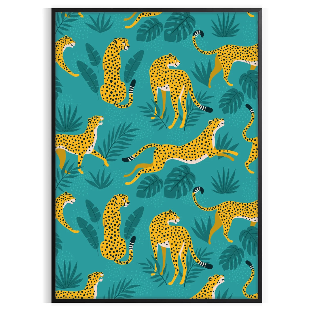 A cheetah in a bold black and green jungle setting