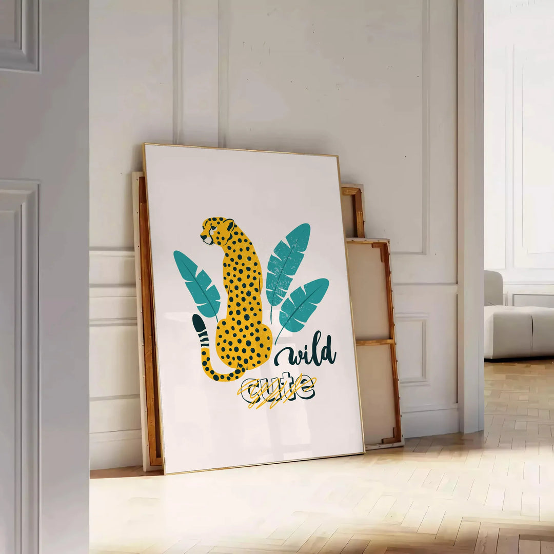 A cheetah in a dynamic pose with orange and blue tones - leaning on a herringbone floor against a white panelled wall