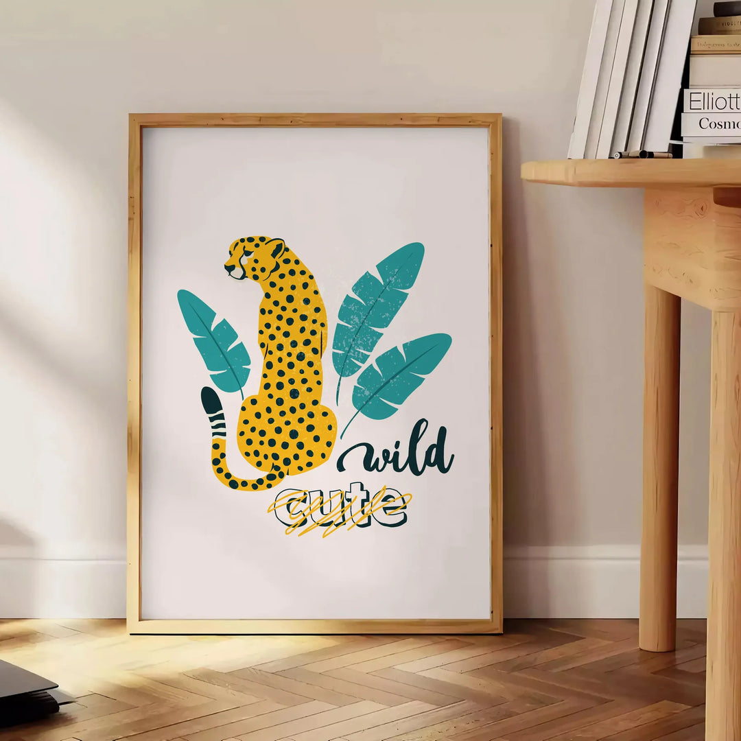 A cheetah in a dynamic pose with orange and blue tones - beside a round wooden side table with books
