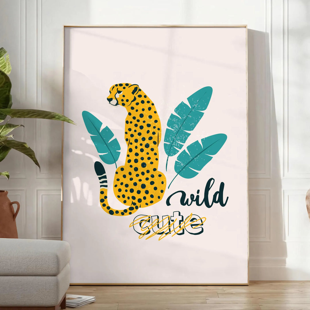 A cheetah in a dynamic pose with orange and blue tones - in a bright minimalist room with a plant and an armchair