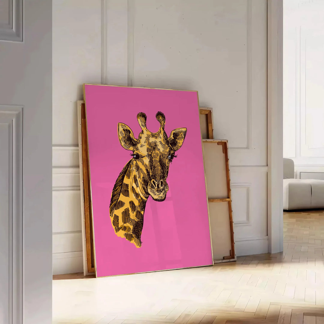 Cheetah in a natural setting with green and black tones - leaning on a herringbone floor against a white panelled wall