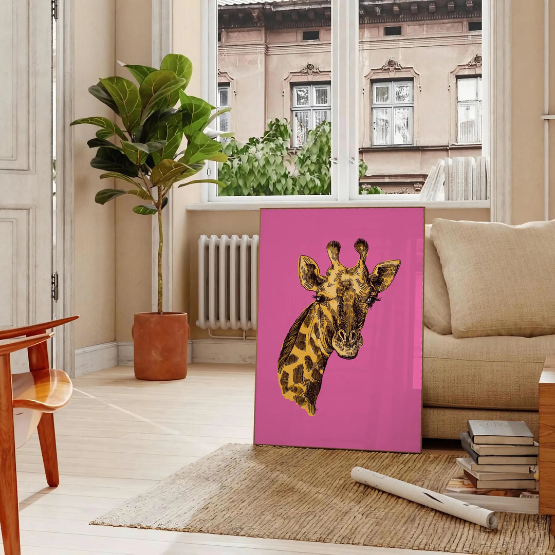 Cheetah in a natural setting with green and black tones - in a Parisian living room with a sofa and a fig plant