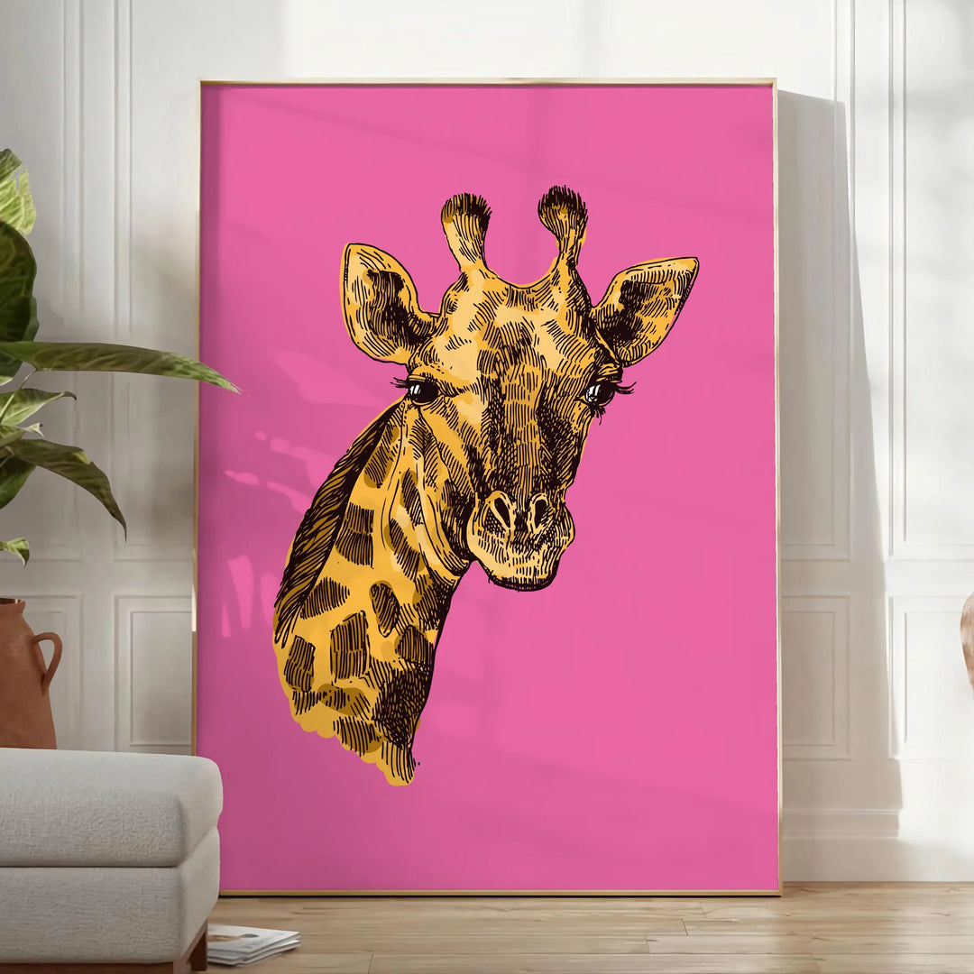 Cheetah in a natural setting with green and black tones - in a bright minimalist room with a plant and an armchair