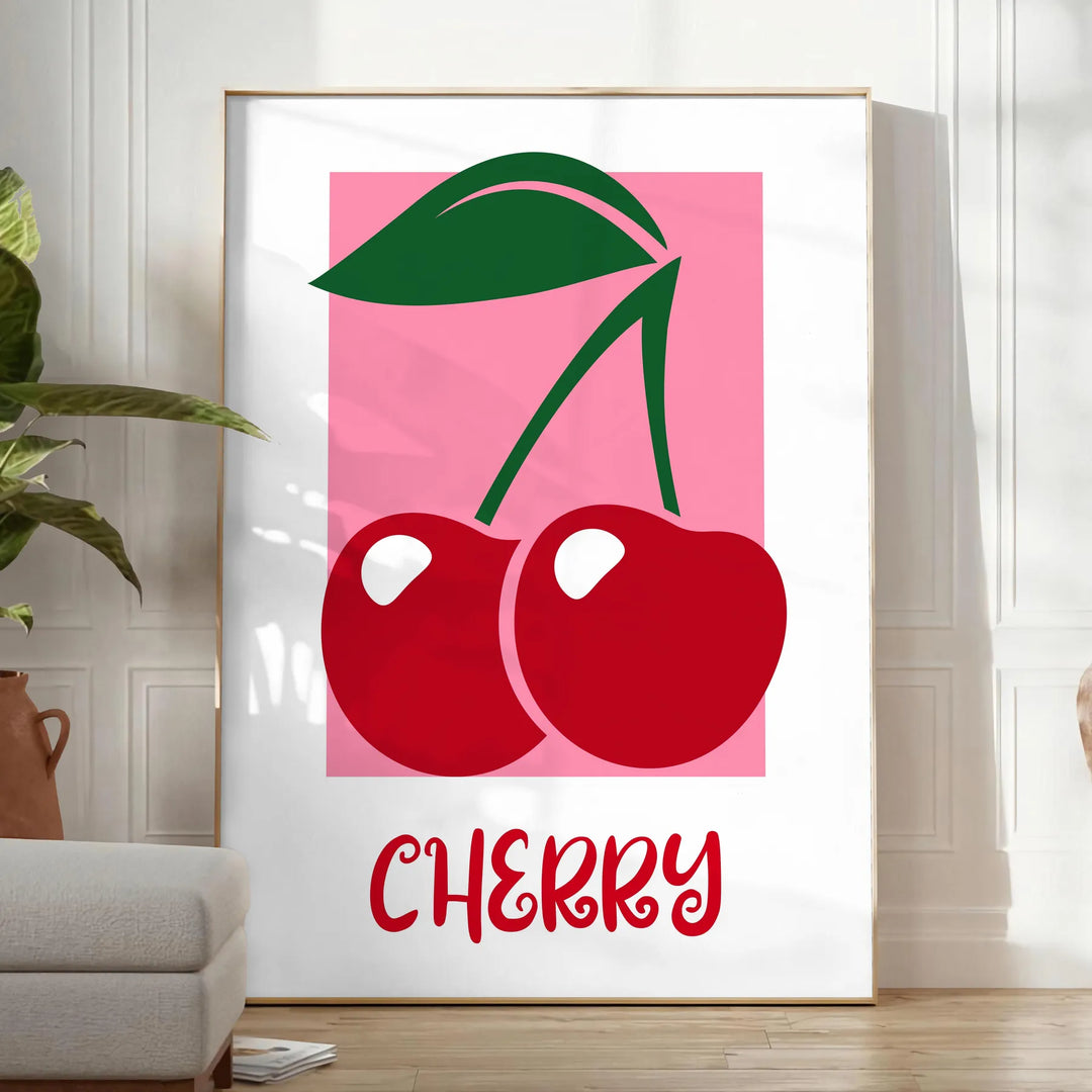A kitchen scene featuring cherries in a harmonious blend of gray and green hues - in a bright minimalist room with a plant and an armchair