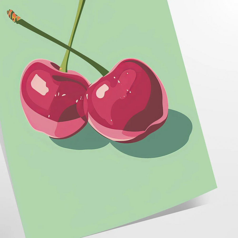 Illustration of cherries in orange and blue tones on a kitchen-themed poster