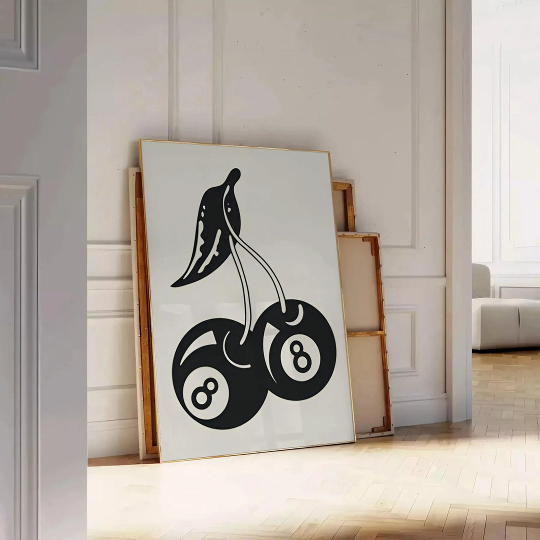 Graphic illustration of cherries in a pop art style with black and blue hues - leaning on a herringbone floor against a white panelled wall