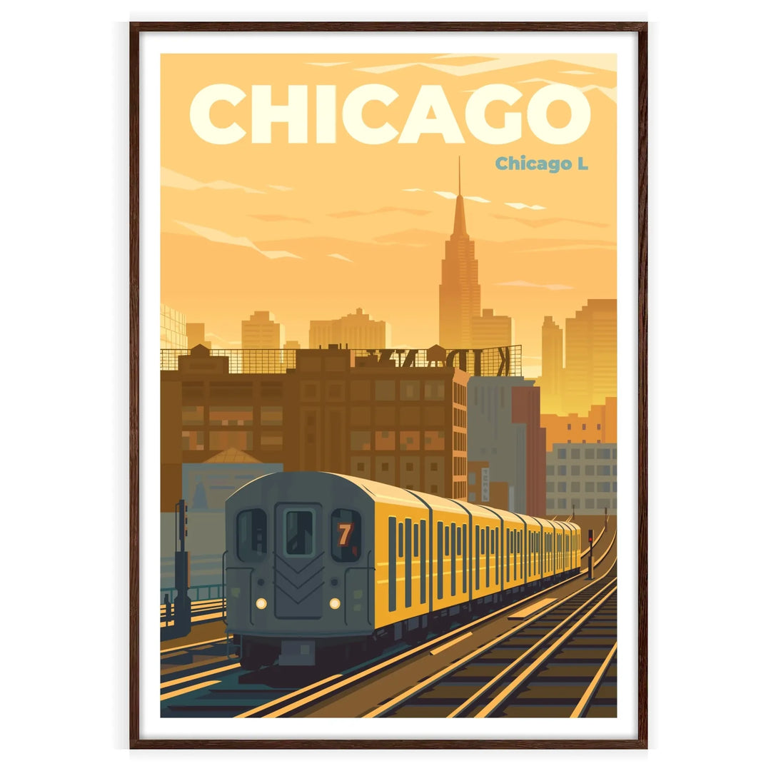 Stylized illustration of Chicago skyline with green accents - in a walnut frame